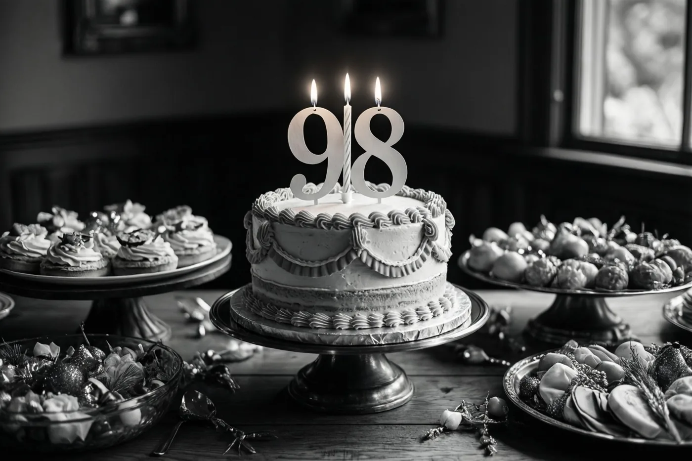 Een zwart-witfoto toont een taart met meerdere verdiepingen, een papieren 98 en drie brandende kaarsen op een dessertbuffet, met een raam op de achtergrond.