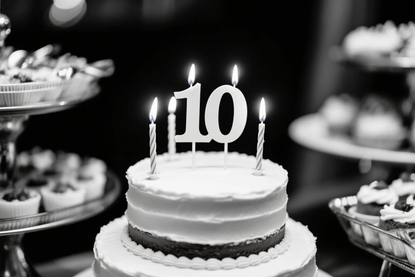Een zwart-witfoto toont een taart met meerdere lagen, brandende kaarsjes en een papieren versiering met 10 op een feestbuffet met andere desserts op de achtergrond.