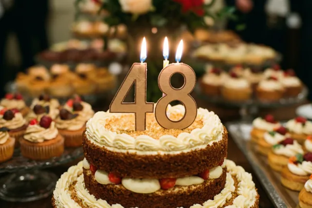 Een taart met meerdere verdiepingen, wit glazuur, aardbeien, een papieren versiering met 48 en drie brandende kaarsen staat op een buffet met desserts op de achtergrond.