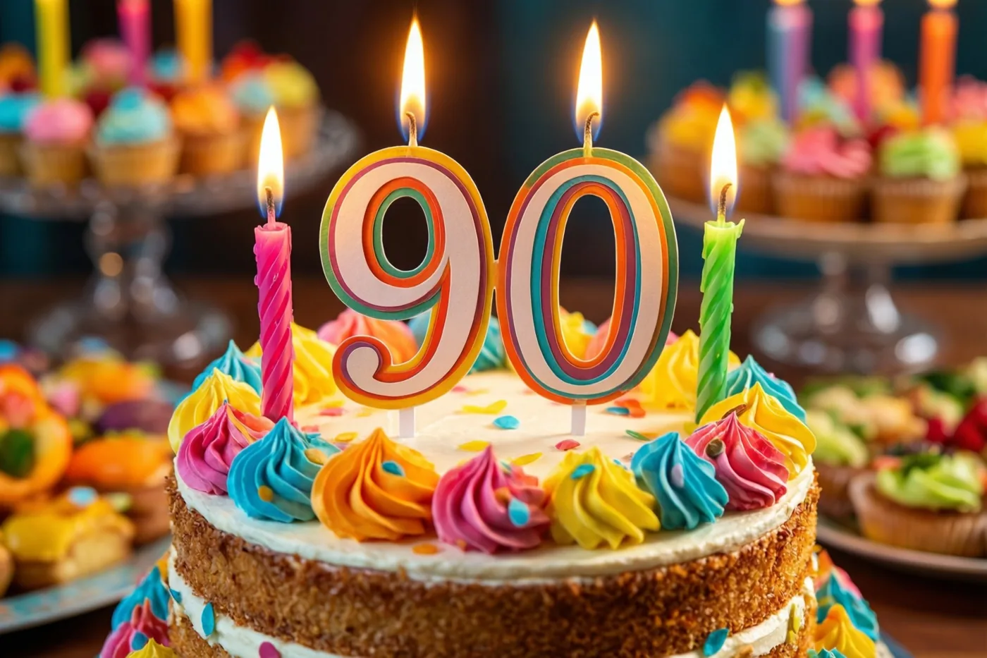Een kleurrijke verjaardagstaart met meerdere verdiepingen, een papieren versiering met 90 en brandende kaarsen staat tussen cupcakes op een feestelijk buffet.