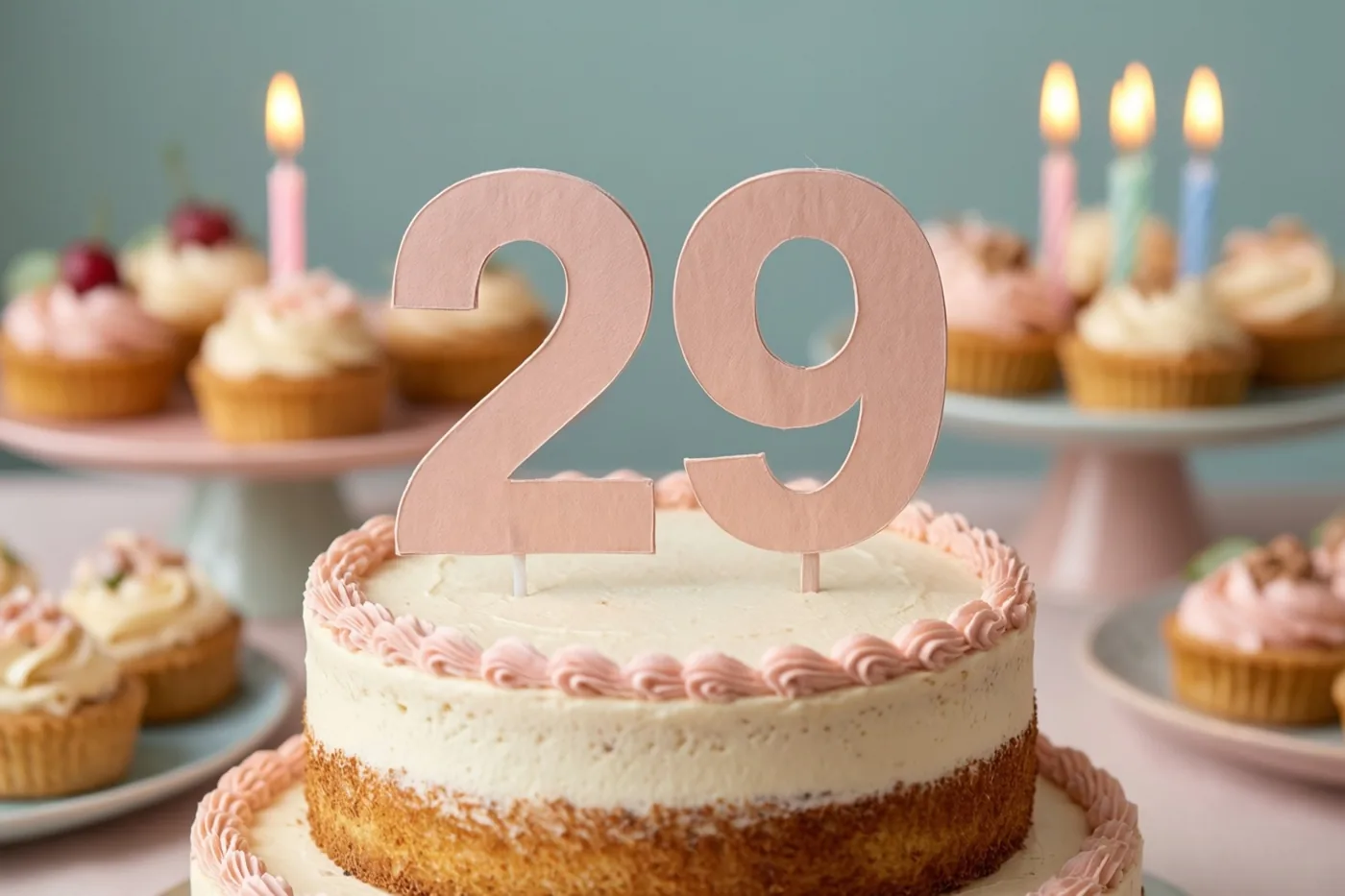 Een stapeltaart met een papieren versiering waarop 29 staat is omringd door cupcakes met brandende kaarsjes op een feestbuffet tegen een zacht blauwgroene achtergrond.