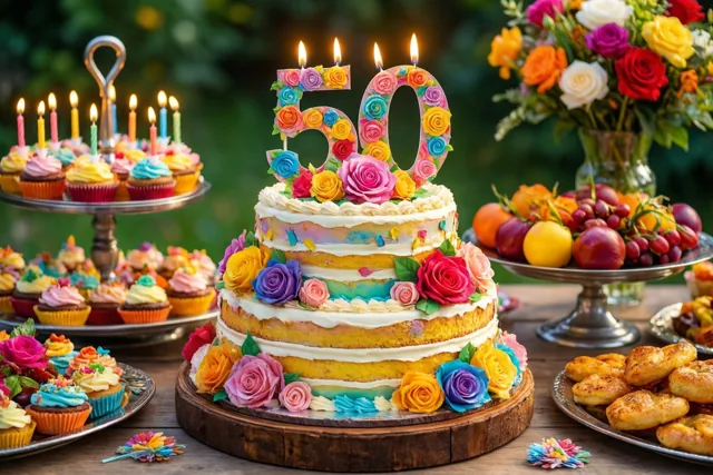 Op een houten tafel buiten staat een grote stapeltaart met een kleurrijke papieren 50, omringd door cupcakes, fruit en bloemen tegen een groene achtergrond.