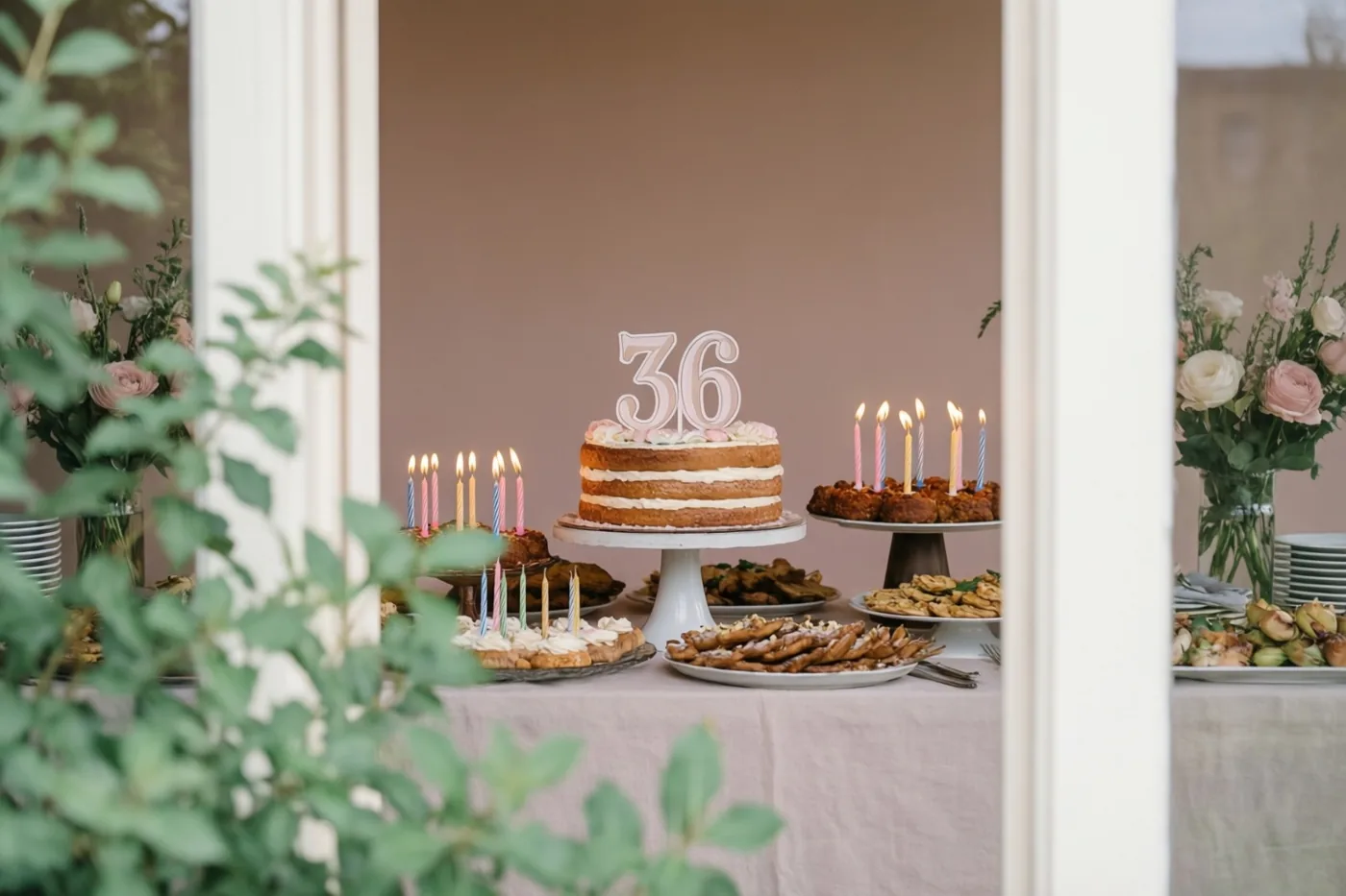 Door een deur- of raamkozijn is een taart met meerdere verdiepingen en een papieren versiering met 36 te zien op een buffettafel met brandende kaarsen en gebak, in zachte roze en groene tinten.