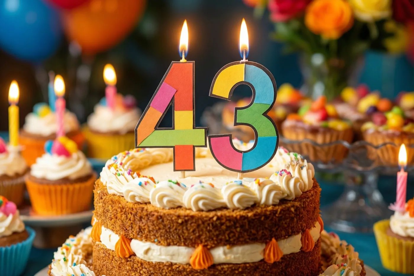 Een taart met meerdere verdiepingen, wit glazuur en suikerstrooisels heeft een kleurrijke papieren versiering met 43 en twee brandende kaarsjes, met cupcakes en bloemen op de achtergrond.