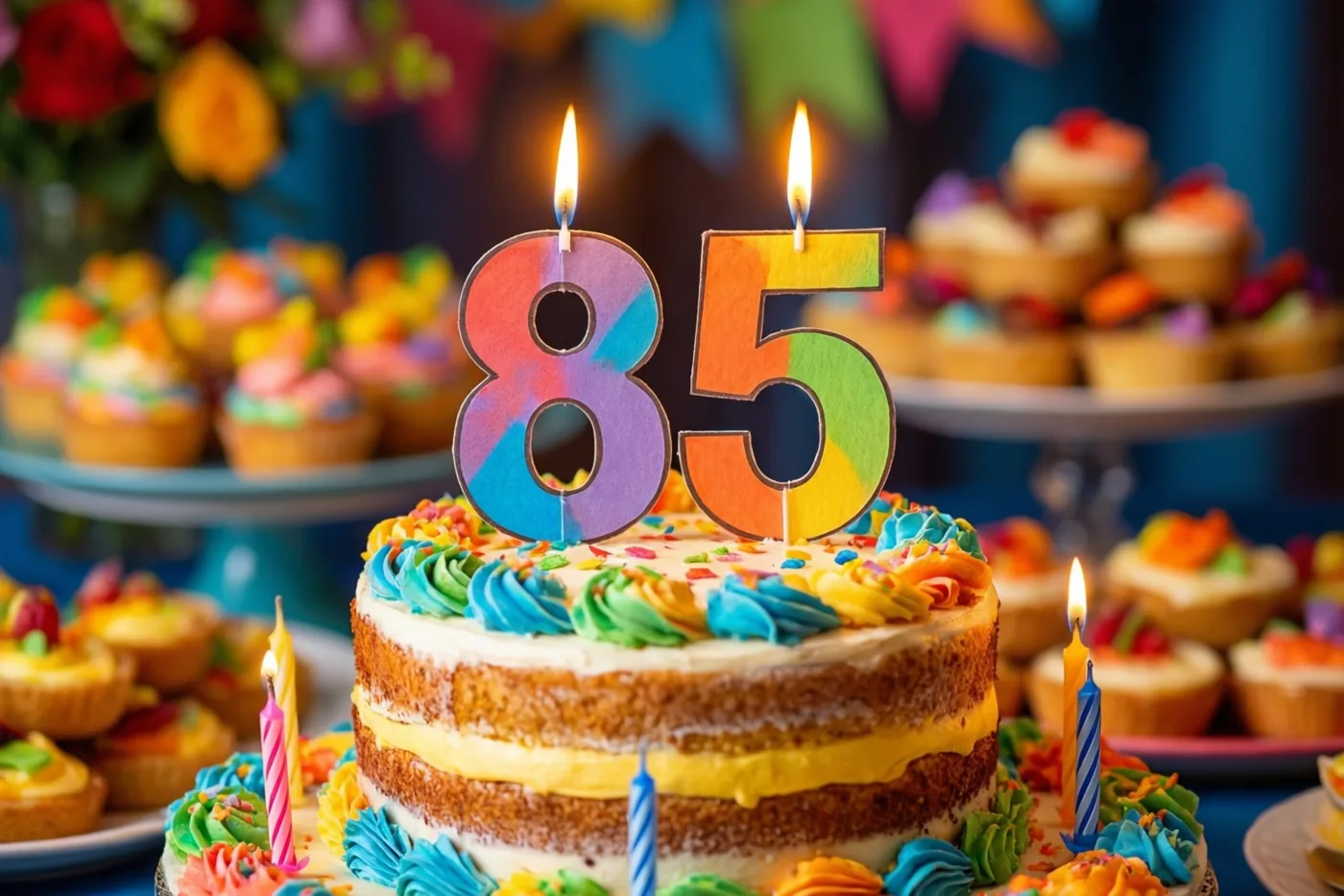 Een kleurrijke taart met verdiepingen, brandende kaarsjes en een regenboogkleurige versiering met 85 staat op een buffet met cupcakes en blauwe, gele en veelkleurige decoratie.