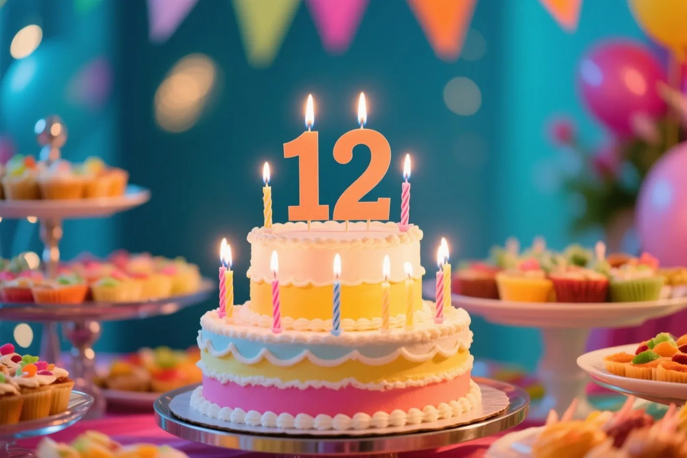 Een taart met meerdere lagen, brandende kaarsjes en een papieren versiering met 12 staat midden op een feestbuffet met kleurrijke versieringen in pasteltinten.