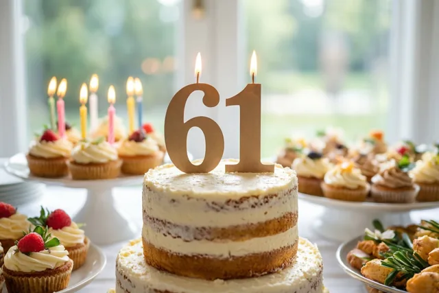 Een taart met meerdere verdiepingen, een papieren versiering met 61 en twee brandende kaarsen staat bij een raam op een buffet met cupcakes en gebak.