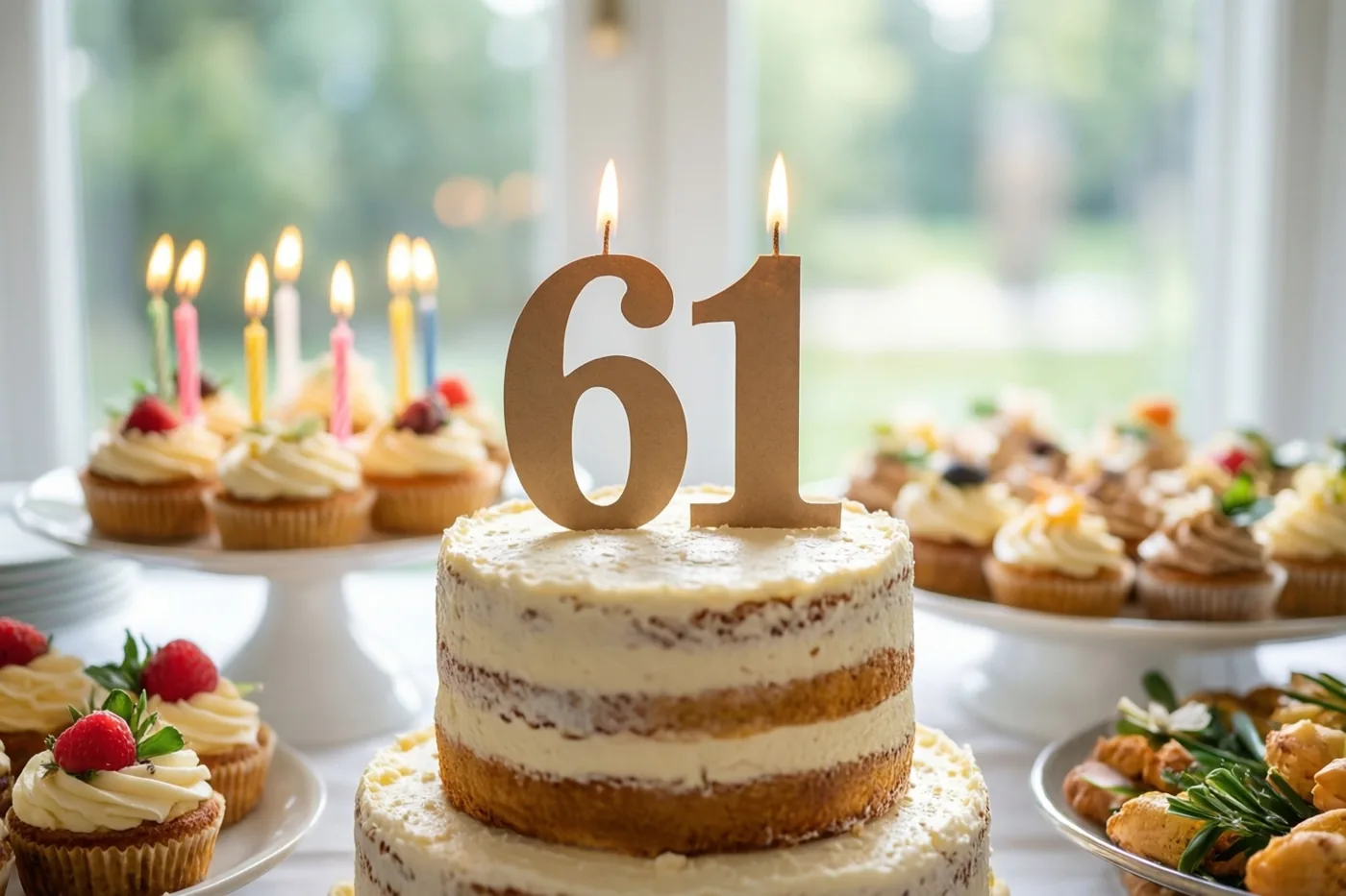 Een taart met meerdere verdiepingen, een papieren versiering met 61 en twee brandende kaarsen staat bij een raam op een buffet met cupcakes en gebak.
