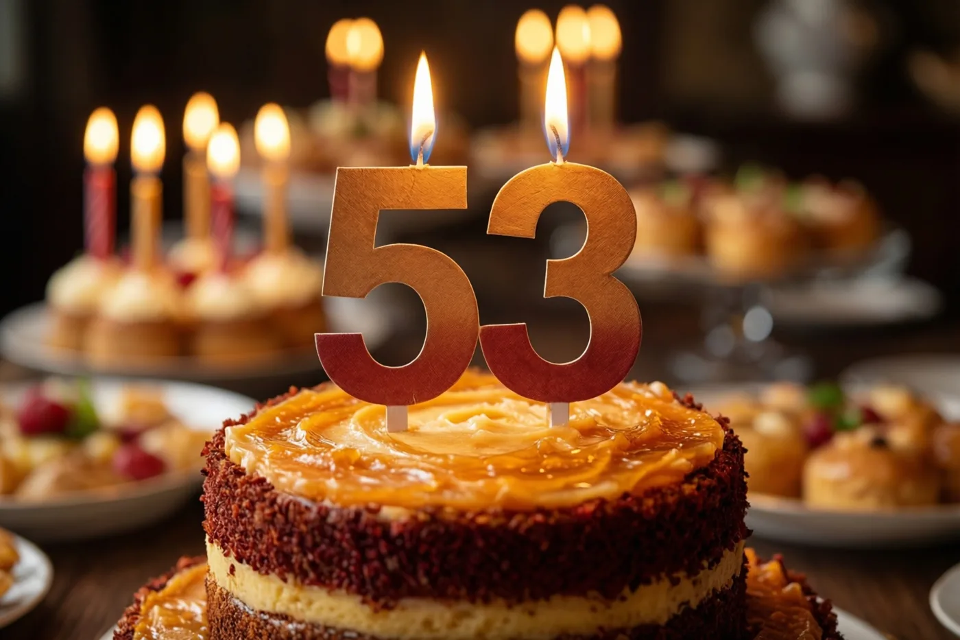 Een close-up toont een taart met meerdere verdiepingen, een papieren versiering met 53 en twee brandende kaarsjes op een warm verlichte buffettafel met desserts op de achtergrond.
