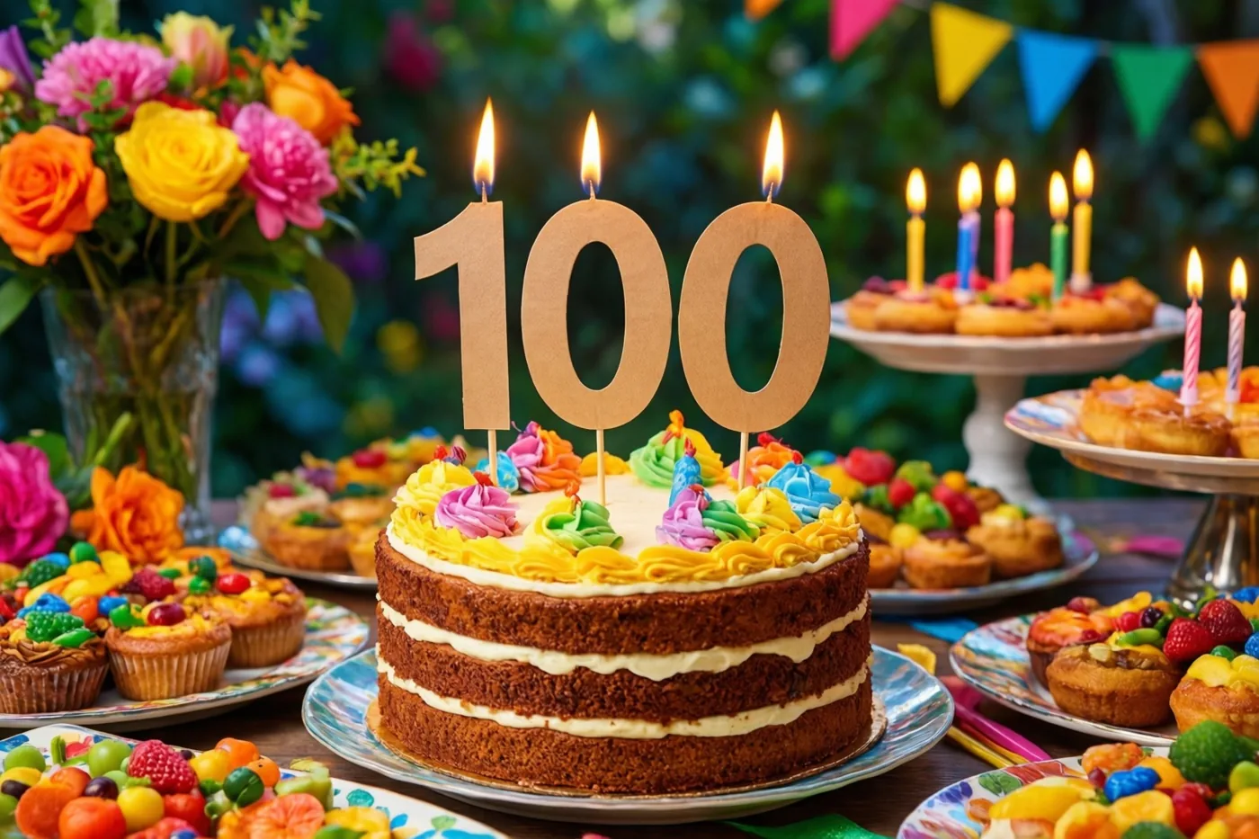 Een taart met verdiepingen, brandende kaarsjes en een papieren versiering met 100 staat op een buitenbuffet tussen bloemen, cupcakes en feestdecoratie.