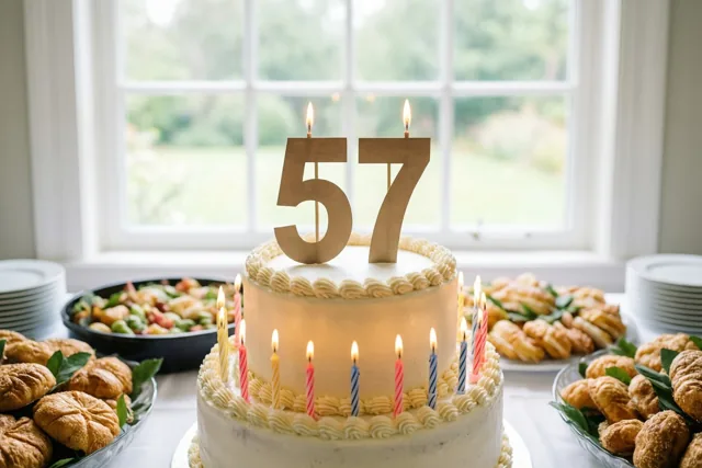 Een taart met meerdere verdiepingen, brandende kaarsjes en een papieren versiering met 57 staat op een buffet bij een raam, met gebakjes en een salade op de achtergrond.