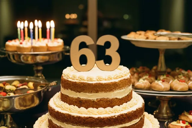 Een taart met meerdere verdiepingen en een papieren versiering met 63 staat tussen desserts en brandende kaarsen op een warm verlichte buffettafel.