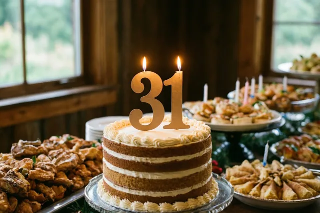 Een stapeltaart met een papieren 31 en twee brandende kaarsjes staat op een zilveren schaal bij een buffet in een kamer met houten muren en ramen die uitkijken op groen.