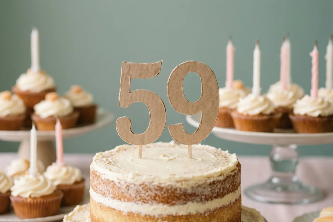 Een taart met meerdere verdiepingen en een papieren versiering met 59 staat op een buffet tussen cupcakes met kaarsjes tegen een gedempte groene muur.