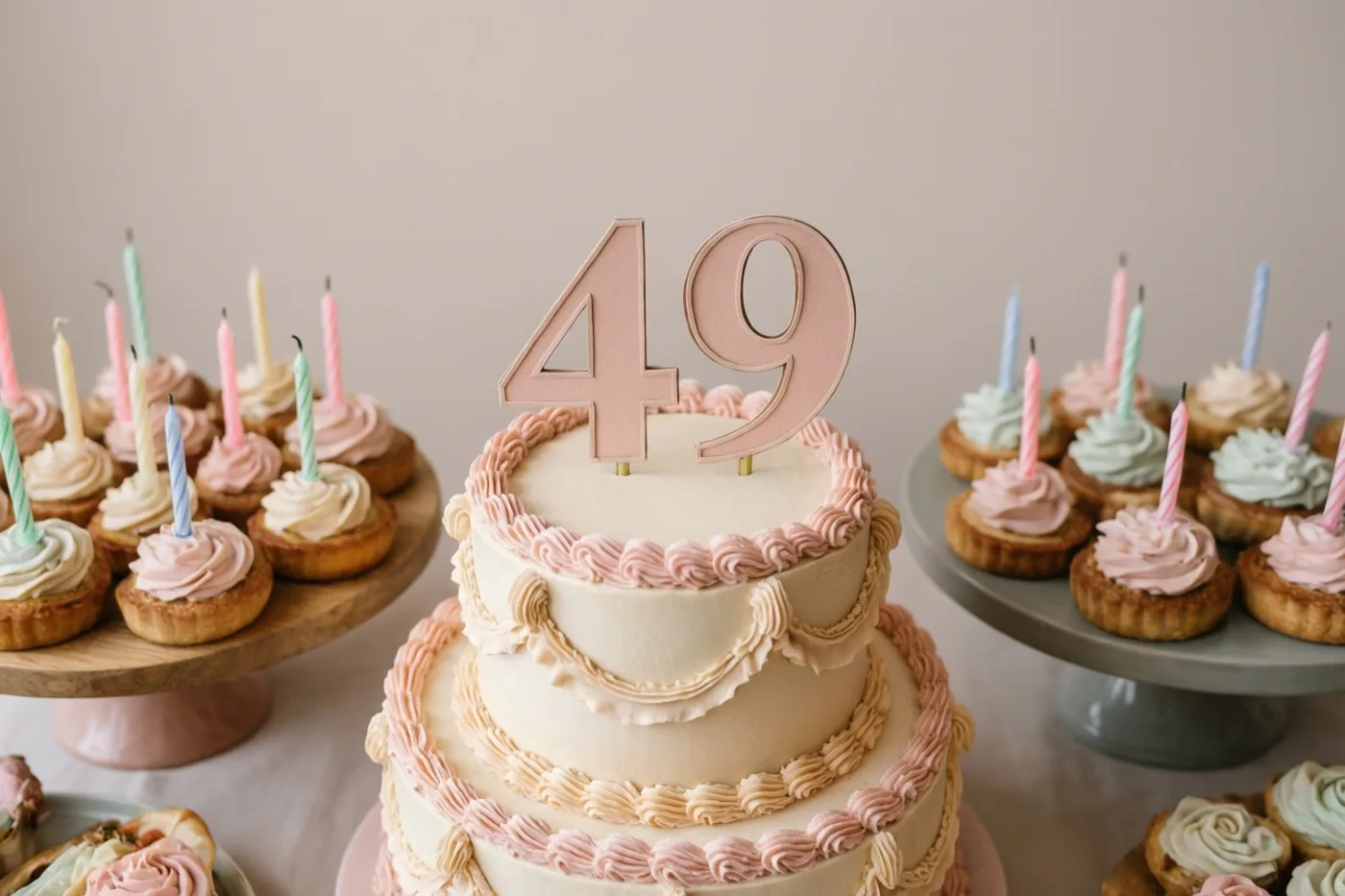 Een taart met twee verdiepingen en een roze versiering met 49 staat op een feestelijk buffet tussen cupcakes met kaarsen in zachte pasteltinten.
