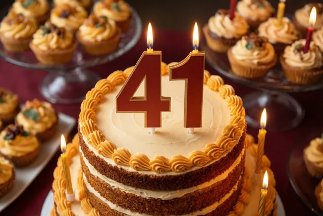 Een stapeltaart met een papieren topper met 41 en brandende kaarsjes staat tussen cupcakes op standaards op een buffettafel in warme beige, bruine en gouden tinten.
