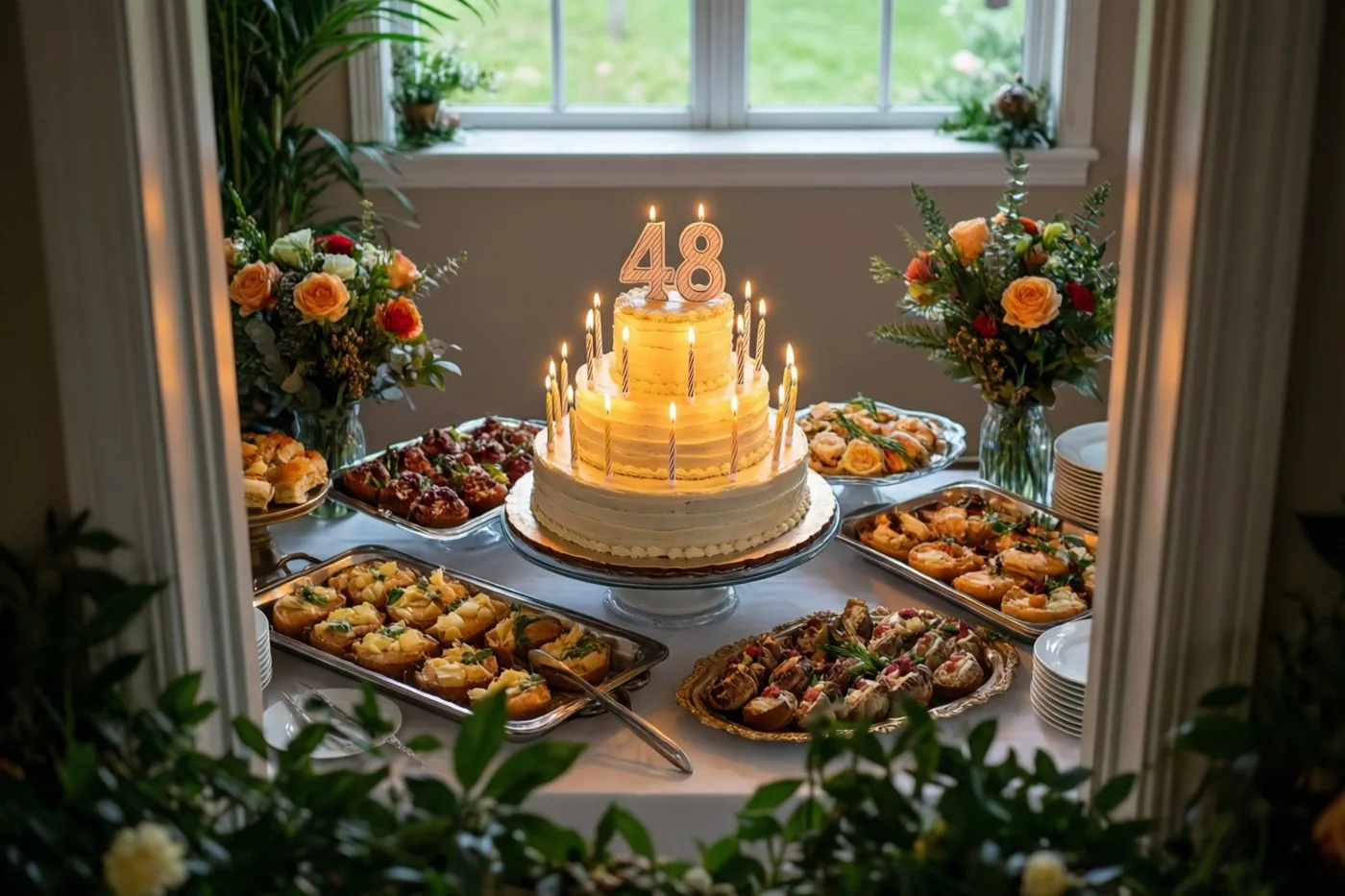 Een taart met meerdere verdiepingen, brandende kaarsen en een papieren versiering met 48 staat op een buffettafel tussen hapjes en bloemstukken, met een raam op de achtergrond.