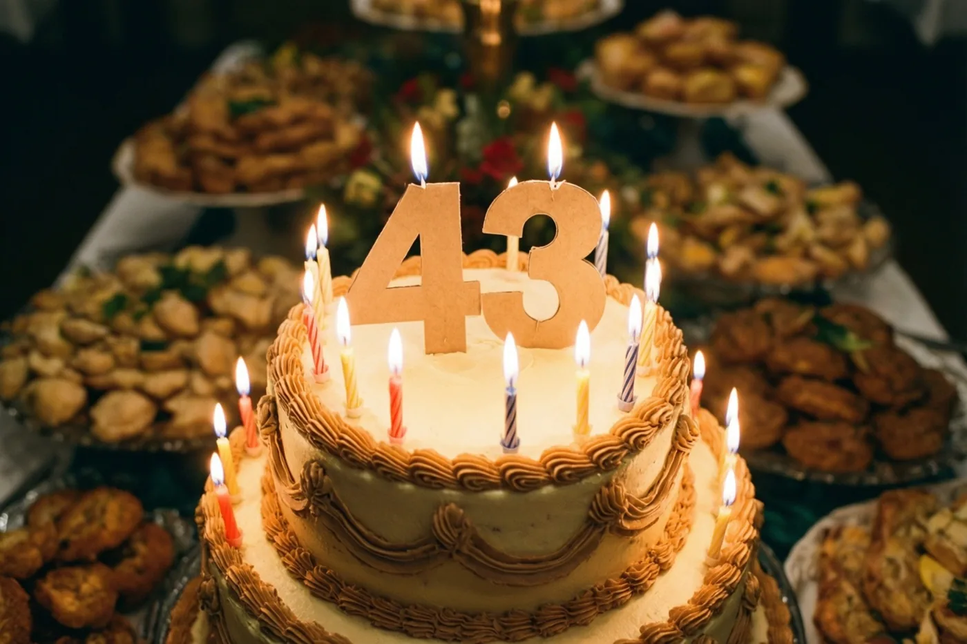 Een taart met meerdere verdiepingen, brandende kaarsjes en een papieren versiering met 43 staat midden op een warm verlichte buffettafel tussen schalen koekjes.