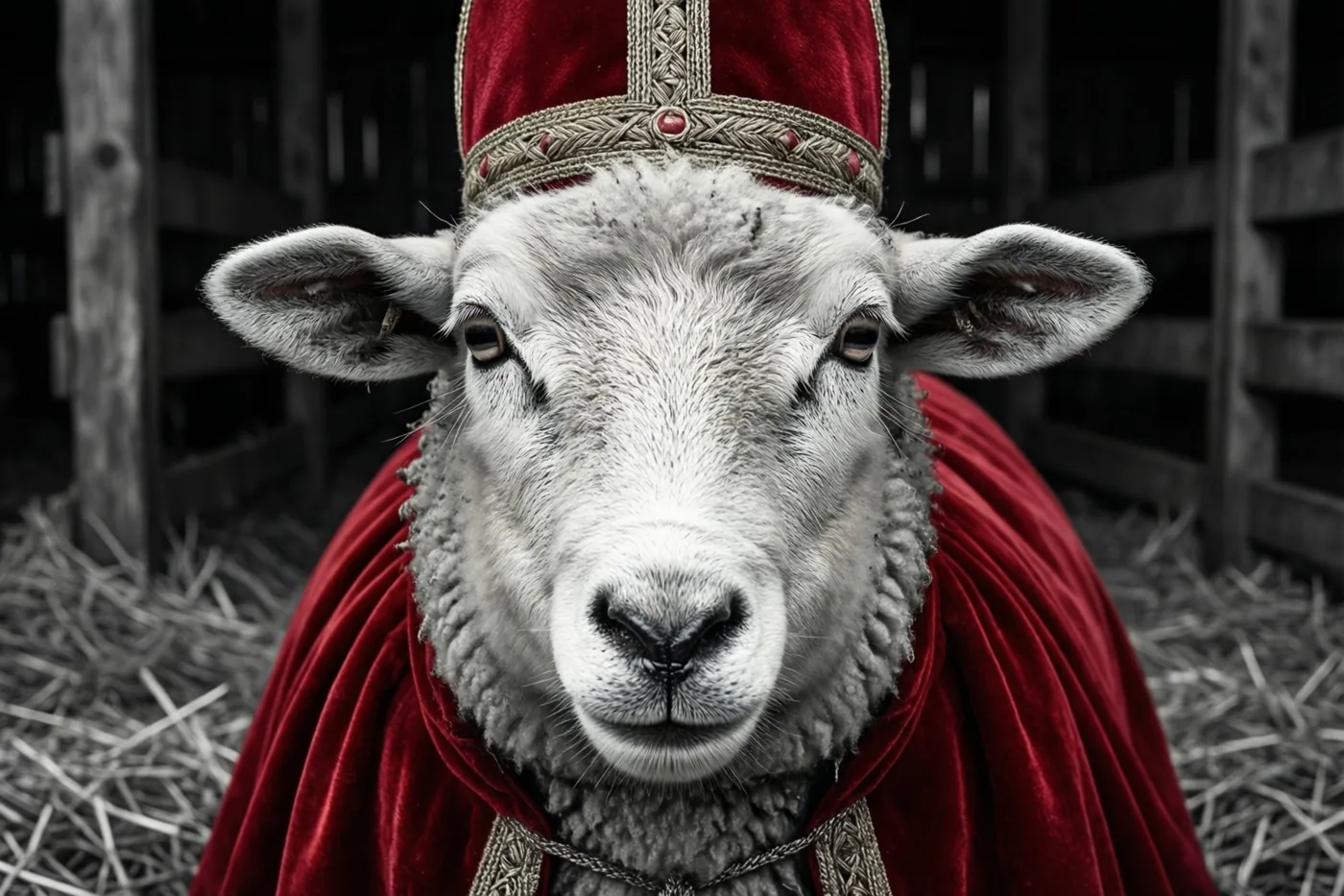 Een schaap met een rode fluwelen cape en een rode mijter staat statig in een schuur vol stro, in rode, witte en grijze tinten.