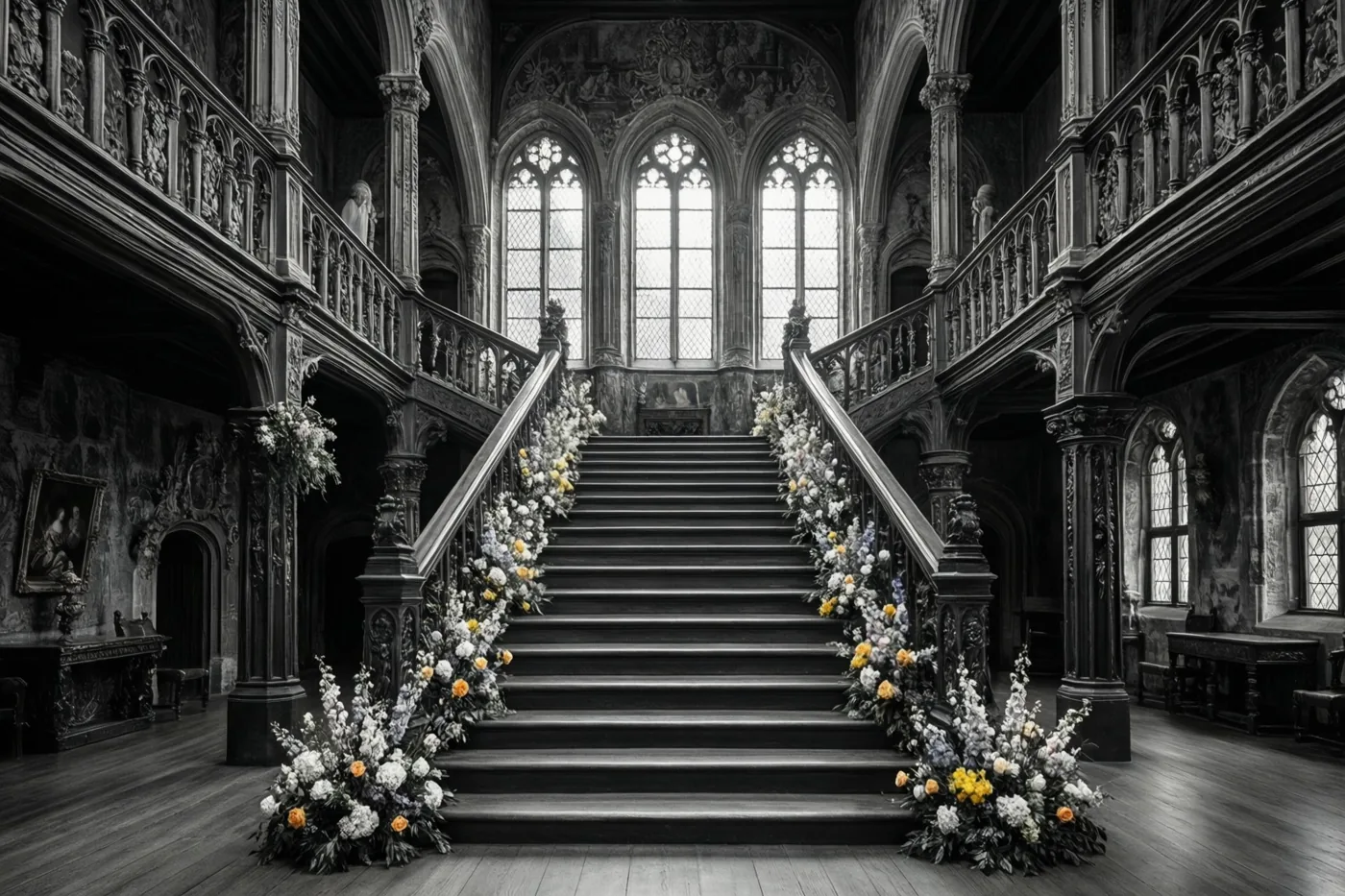 Een sierlijke trap in een historisch Vlaams stadhuis is in zwart-wit afgebeeld, met kleurrijke bloemstukken langs de leuningen en onderaan.