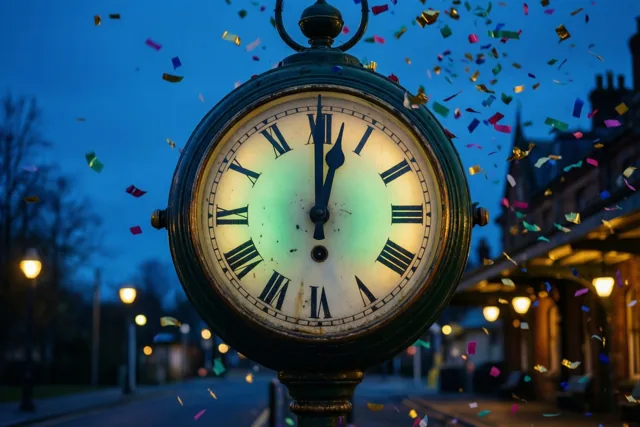 Een oude stationsklok met beide wijzers bijna op twaalf staat tussen dwarrelende confetti, met straatlampen en gebouwen onder een schemerlucht op de achtergrond.