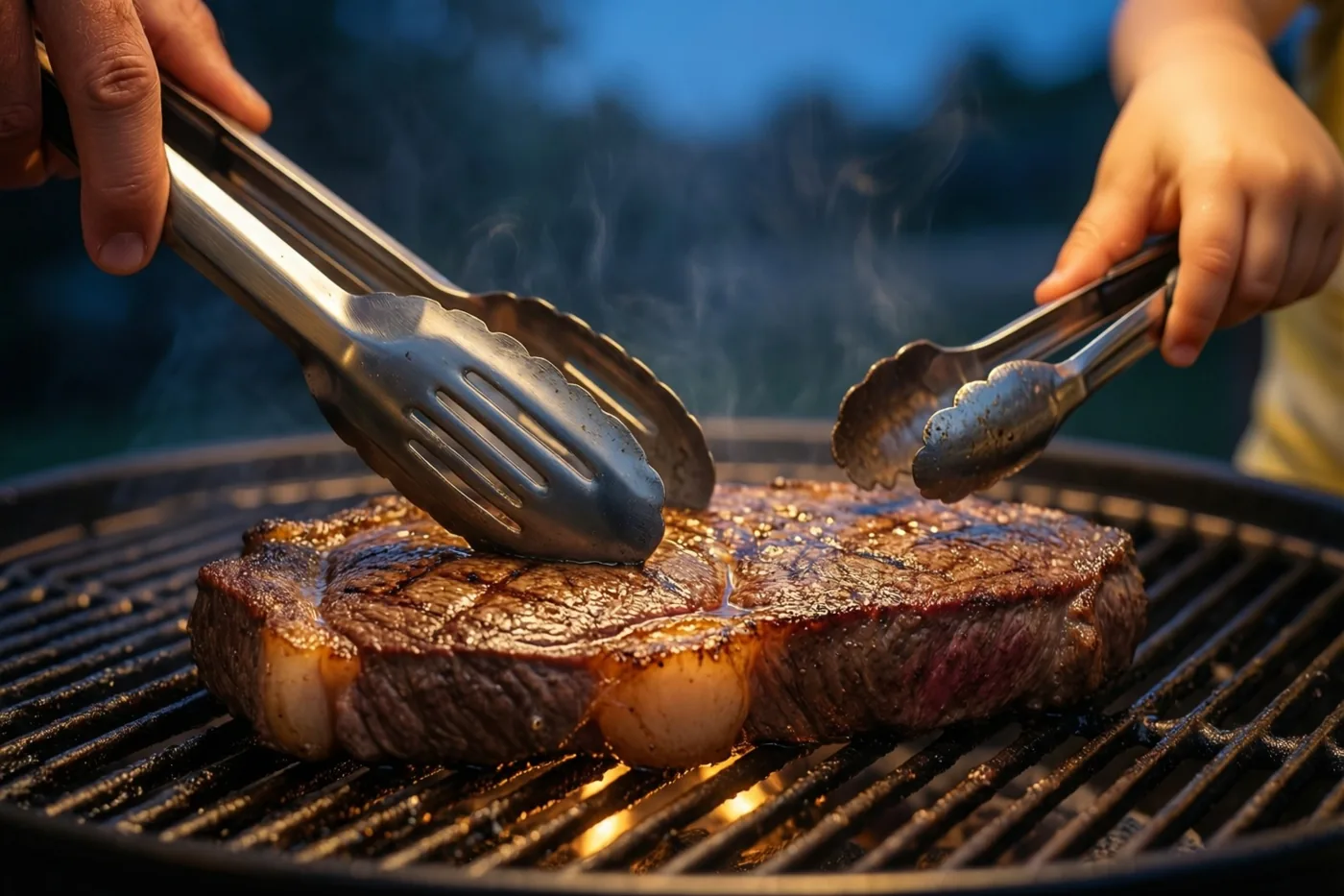 Een grote en een kleine tang houden een grote steak vast boven een grillrooster, buiten bij schemering met een blauwe lucht op de achtergrond.