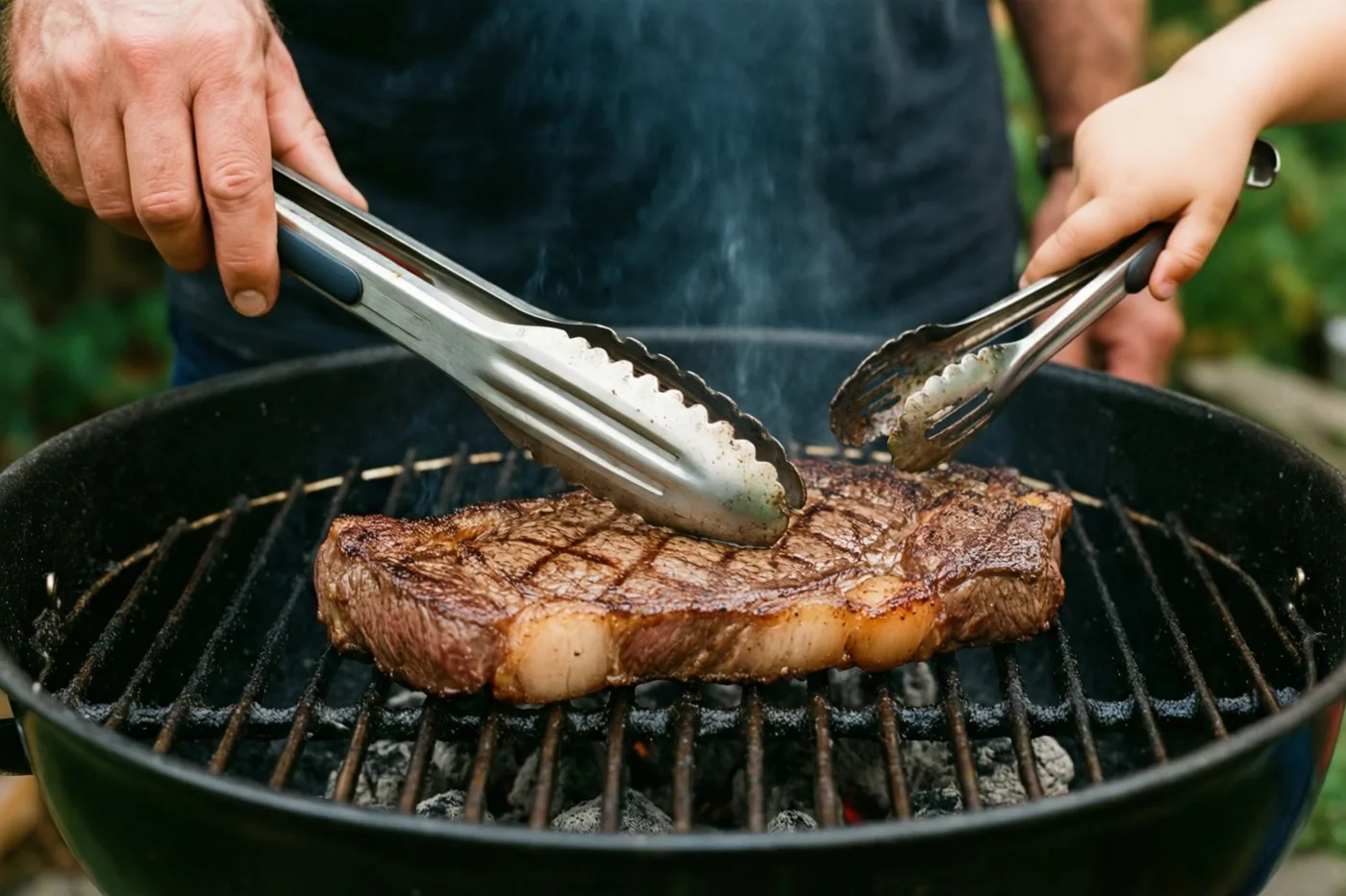 Een volwassen hand met een grote tang en een kinderhand met een kleine tang draaien een steak met grillstrepen om op een zwarte houtskoolbarbecue, met groen op de achtergrond.