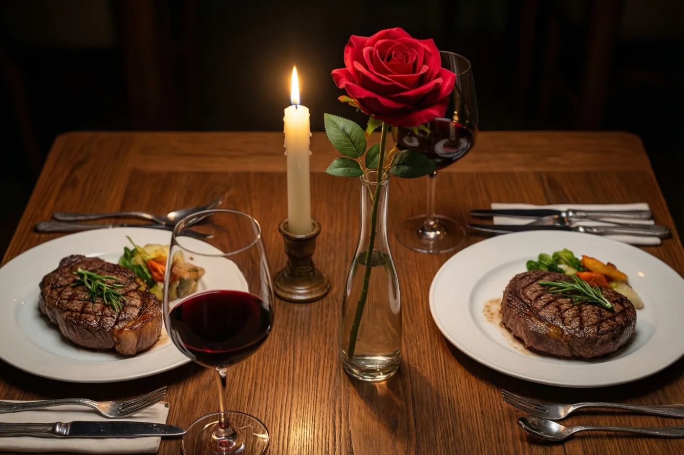 Op een houten tafel staan gegrilde steaks, rode wijn, een kaars en een rode roos in een smalle vaas klaar voor een diner voor twee.