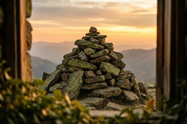 Door een houten raamkozijn is een stapel stenen op een bergtop te zien bij zonsopgang met onscherp groen vooraan en nevelige bergketens in de verte.