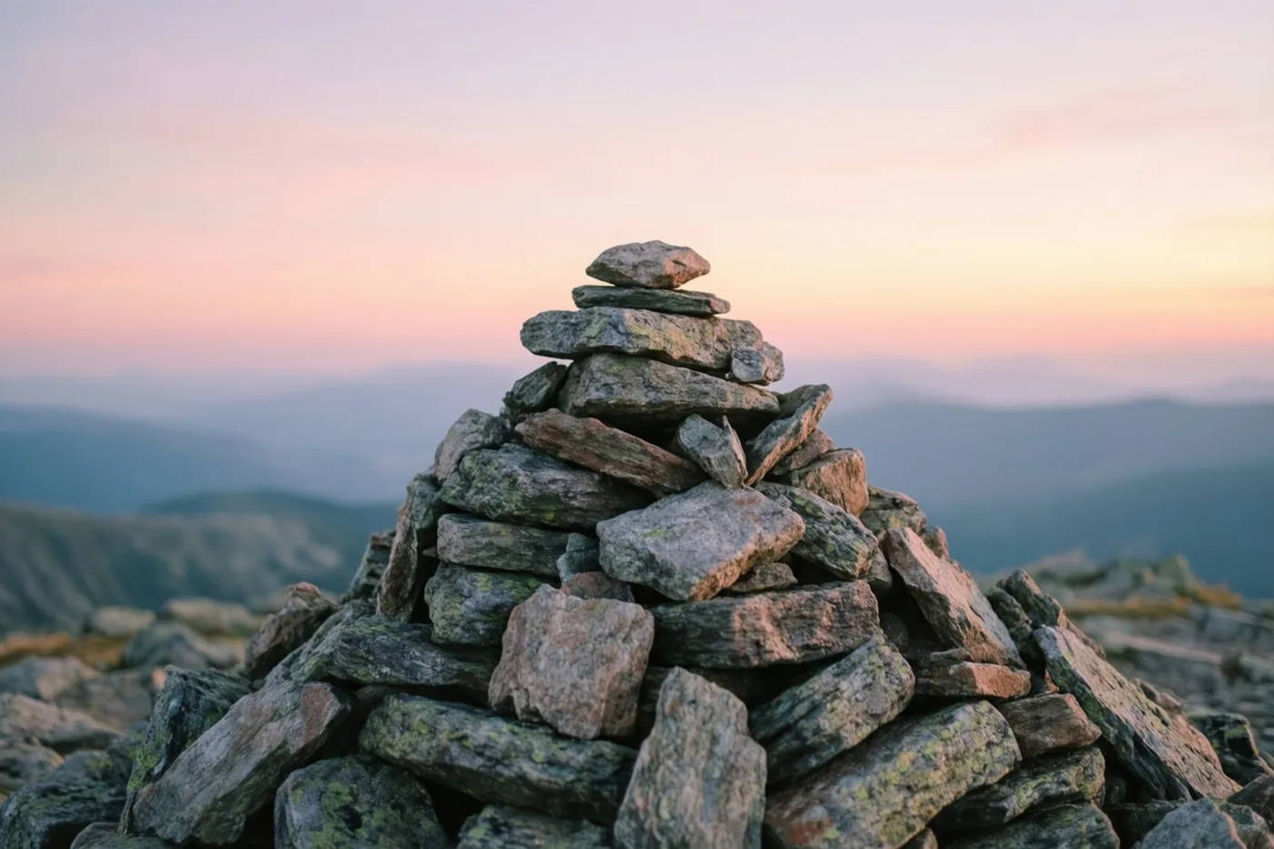 Een stapel stenen staat op een bergtop bij zonsopgang onder een zachtroze en oranje hemel met nevelige bergen op de achtergrond.