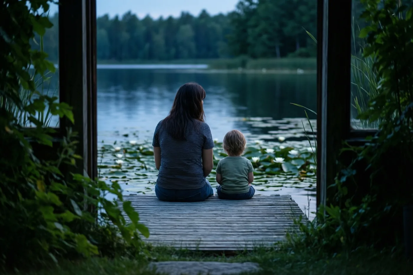Een moeder en een klein kind zitten van op de rug gezien op een houten steiger aan een rustig meer met witte waterlelies, groen aan weerszijden en een beboste oever onder een schemerhemel.