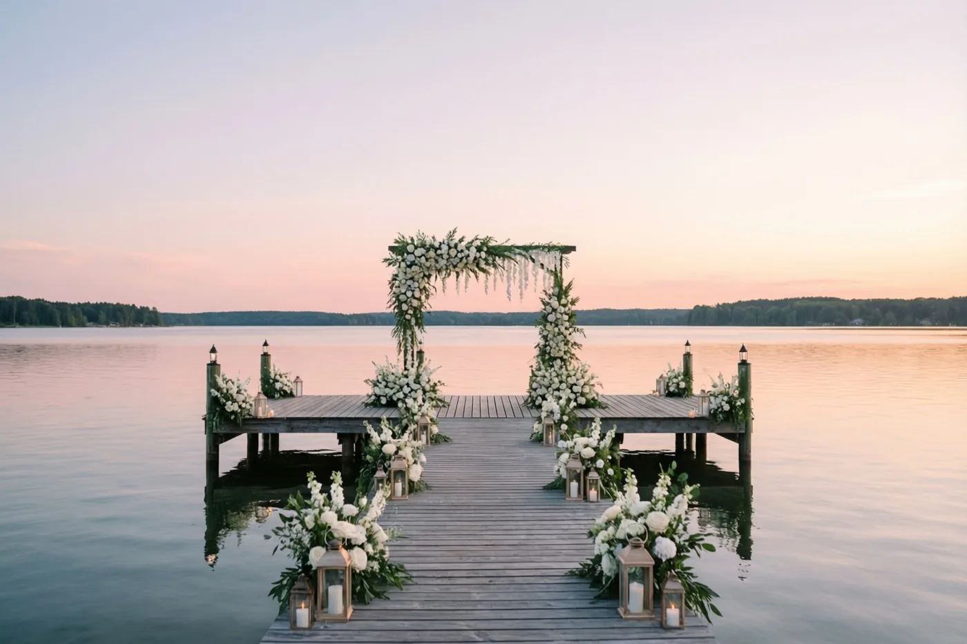 Een houten steiger met witte bloemstukken en lantaarns loopt over een rustig meer bij zonsondergang, met roze en perzikkleurige tinten in de lucht en het water.