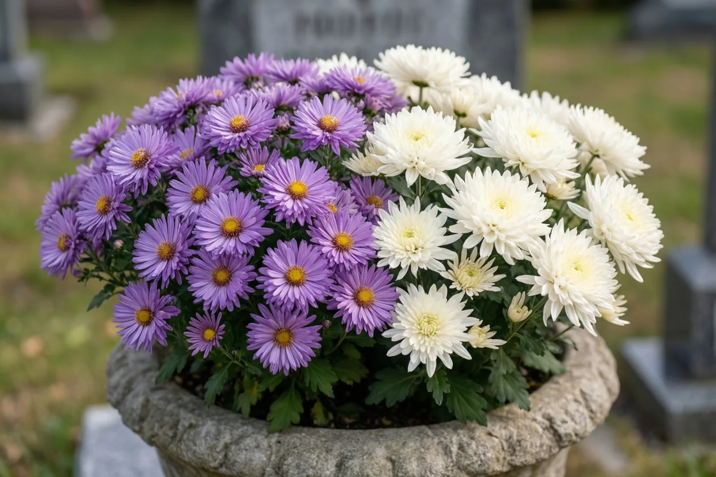 Een stenen bloembak met paarse asters en witte chrysanten staat op een graf in zacht daglicht.