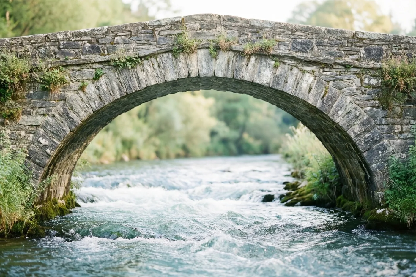 Een stenen brug met één boog ligt over een snelstromende rivier, omringd door groen in zacht daglicht.