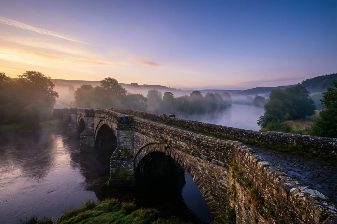 Een stenen brug met meerdere bogen overspant een rivier in ochtendmist, onder een hemel met blauwe, paarse en gouden tinten bij zonsopgang.