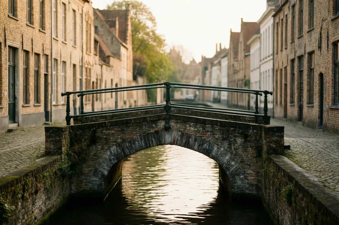 Een stenen boogbrug overspant een rustig kanaal in een oud Vlaams stadje, tussen bakstenen gebouwen en kasseistraten in warm, zacht licht.
