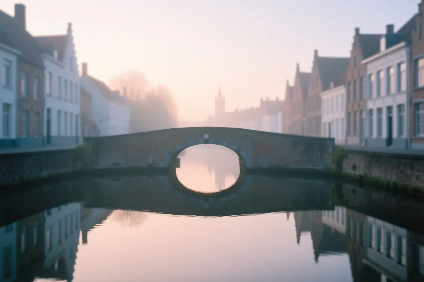 Een stenen boogbrug overspant een rustig kanaal in een oud Vlaams stadje bij zonsopgang, met weerspiegelingen van gebouwen en een verre torenspits in roze, blauwe en grijze tinten.