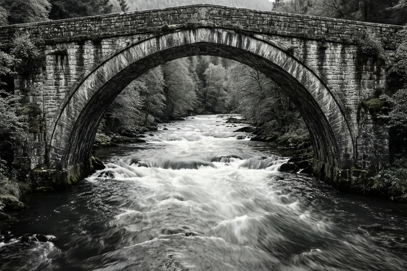 Een zwart-witfoto toont een stenen boogbrug over een snelstromende rivier in een bosrijke omgeving.