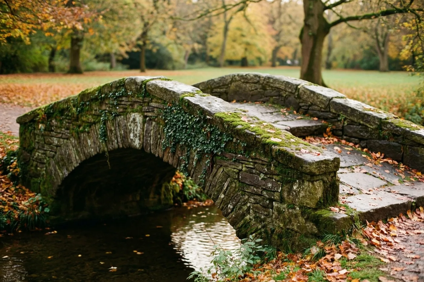Een oude stenen voetbrug met mos en klimop overspant een kalme beek in een herfstpark, tussen oranjebruine bladeren en bomen met gouden loof.