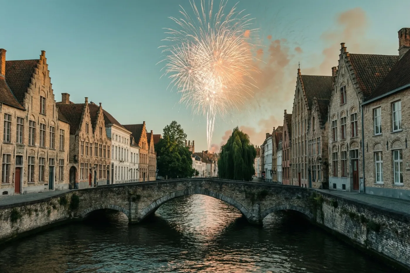 Vuurwerk boven een stenen brug over een vaart in een oud Vlaams stadje werpt een gouden gloed op het water en de historische bakstenen huizen met puntgevels.