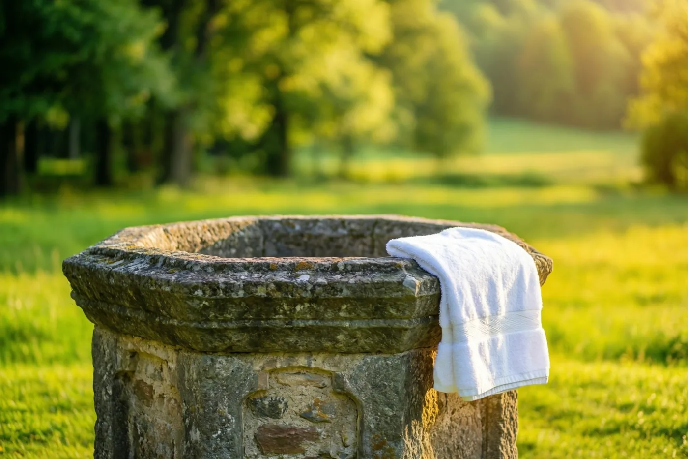 Een verweerd achthoekig stenen doopvont met een witte handdoek over de rand staat in een zonnig grasveld met onscherpe groene bomen op de achtergrond.