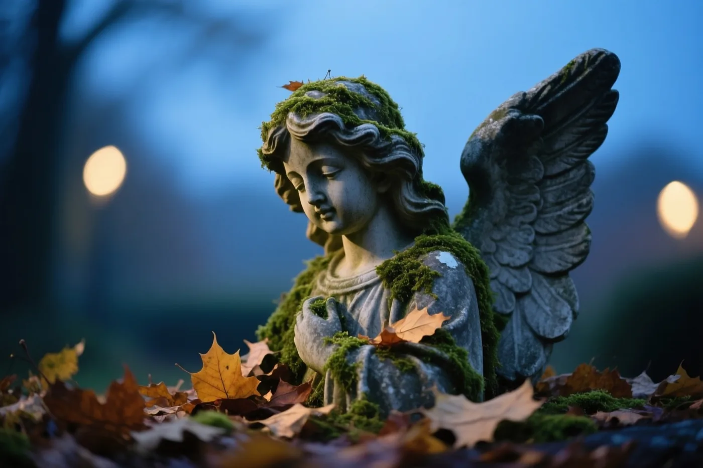 Een stenen engelenbeeld met mos op het hoofd en de schouders staat tussen herfstbladeren, tegen een onscherpe blauwe schemerachtergrond met wazige lichtjes.