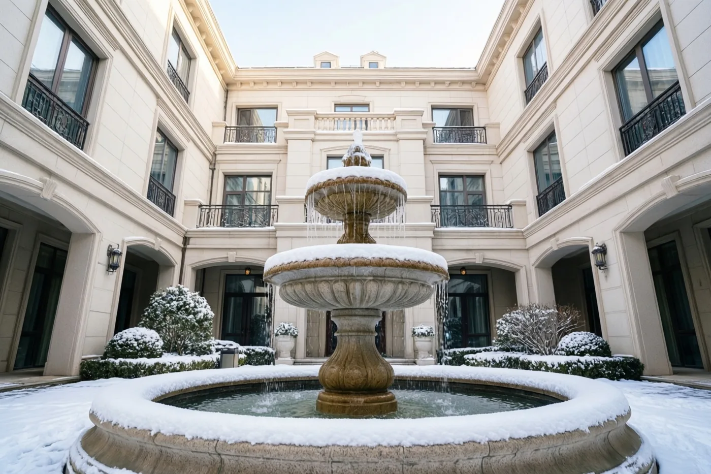 Een stenen fontein met meerdere niveaus staat deels onder de sneeuw op de binnenplaats van een herenhuis, tussen besneeuwde struiken en klassieke architectuur in witte, beige en grijze tinten.