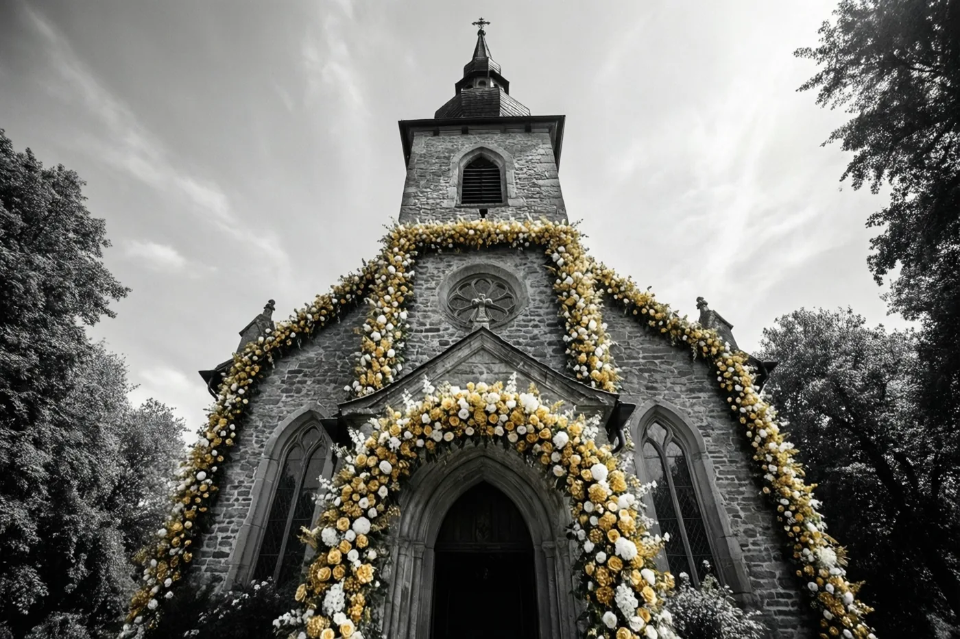 Een stenen dorpskerk met uitbundige gouden en witte bloemenslingers is van onderen gefotografeerd tegen een bewolkte lucht.
