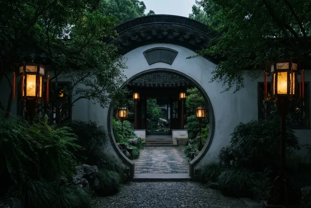 Een stenen pad loopt door een maanpoort in een groene Chinese tuin, verlicht door lantaarns in het donker.