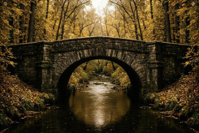 Een oude stenen voetbrug met één boog ligt over een rustige beek in een herfstbos met warme gele en bruine tinten.