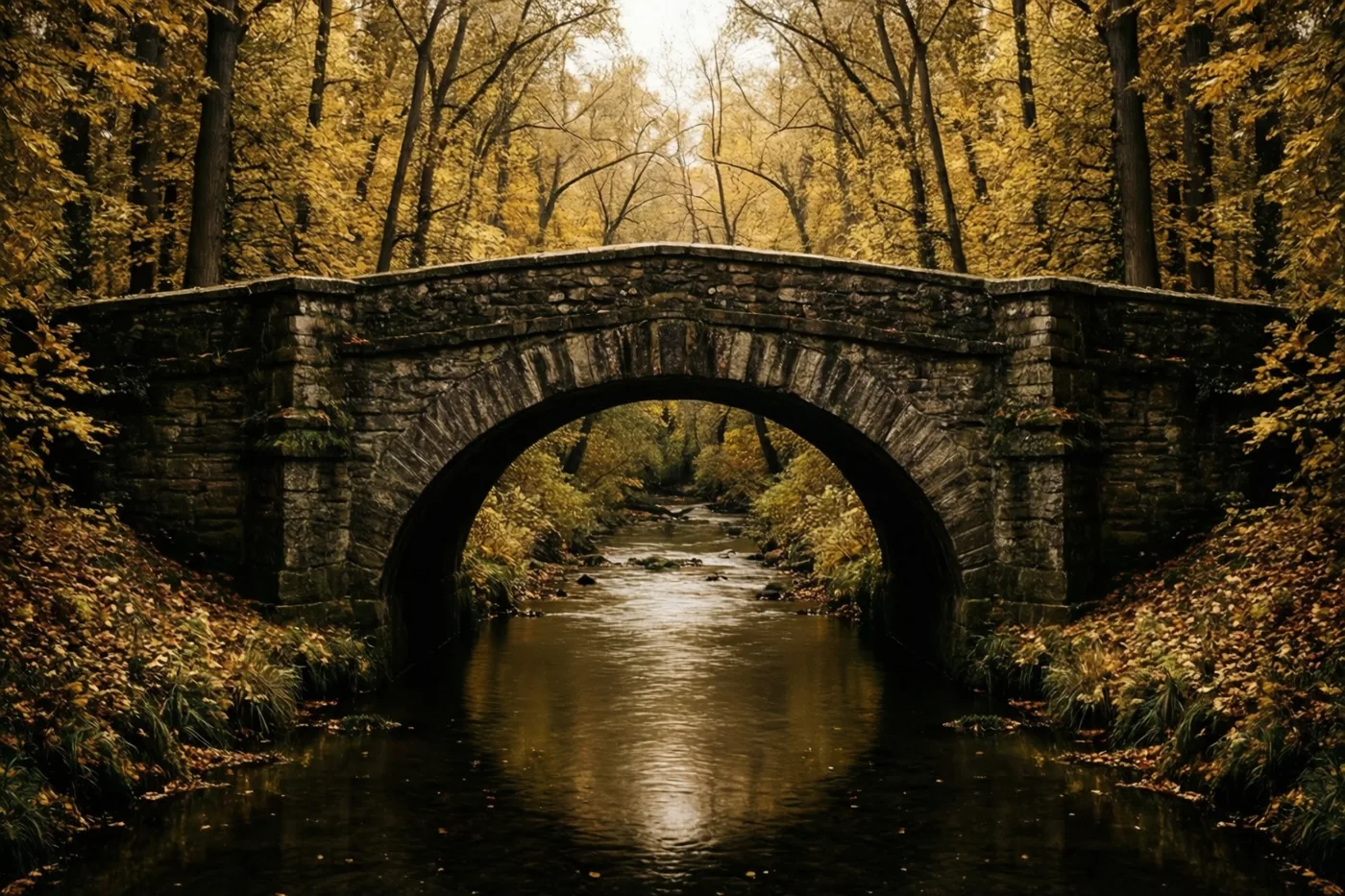 Een oude stenen voetbrug met één boog ligt over een rustige beek in een herfstbos met warme gele en bruine tinten.