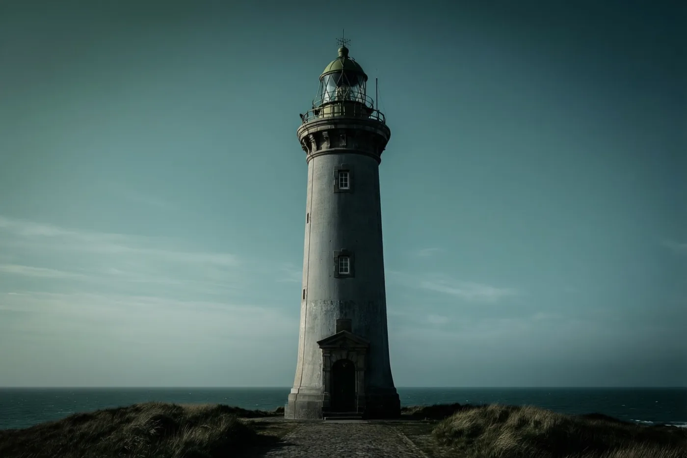 Een hoge stenen vuurtoren staat op een met gras begroeide kustklif boven zee onder een bewolkte hemel in grijze, blauwgroene en donkergroene tinten.