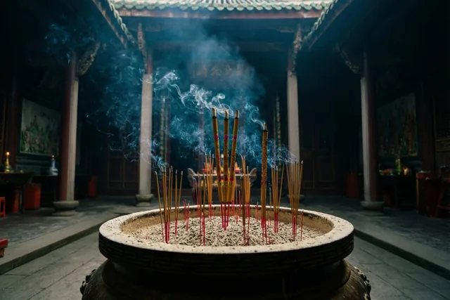 Een grote stenen wierookbrander met brandende stokjes en kringelende rook staat op een schemerige Chinese tempelbinnenplaats met donkere houten pilaren en pannendaken.