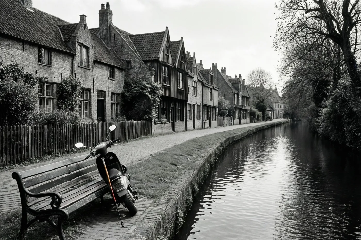 Op een zwart-witfoto rusten een step en een wandelstok naast elkaar op een bank langs een kanaal, met traditionele gevelhuizen aan het jaagpad onder een bewolkte hemel.